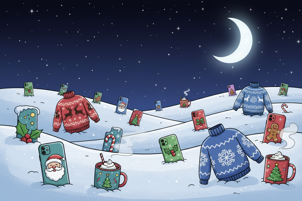 Create a Christmas style background of a hilly background covered in snow on a dark Christmas night that includes christmas phone cases and christmas jumpers all drawn in an adult cartoon style